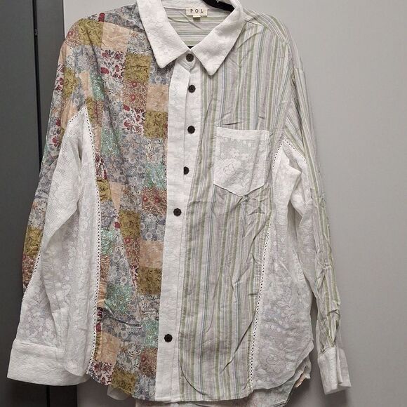 POL Oversized Button UP Boho GYPSY Shirt WITH Lace - Picture 1 of 8